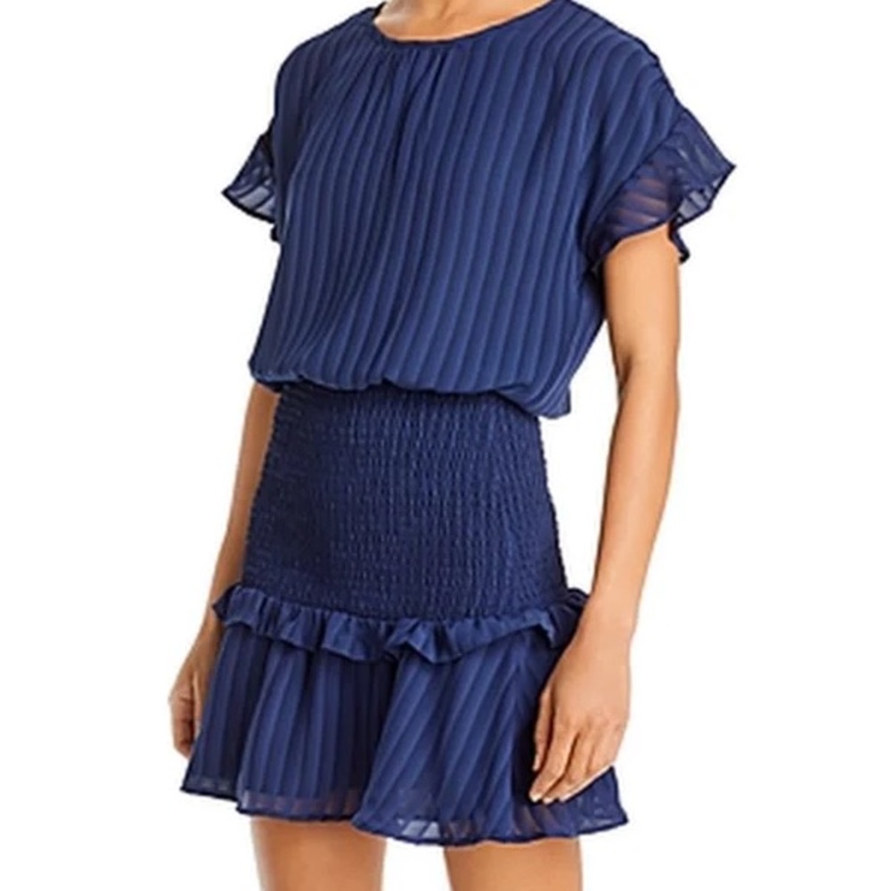 AQUA Striped Smocked Mini Dress Navy Blue